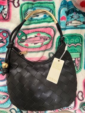 Urban Expressions Black Woven Shoulder Bag with Gold Handle
